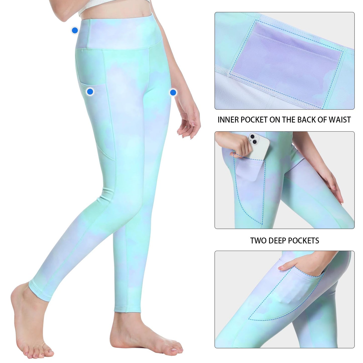 ANIVIVO Girls' Fleece Lined Leggings - Kids Winter Warm Yoga Pants Youth High Waisted Athletic Legging with Pockets(LightGreen 8-9)