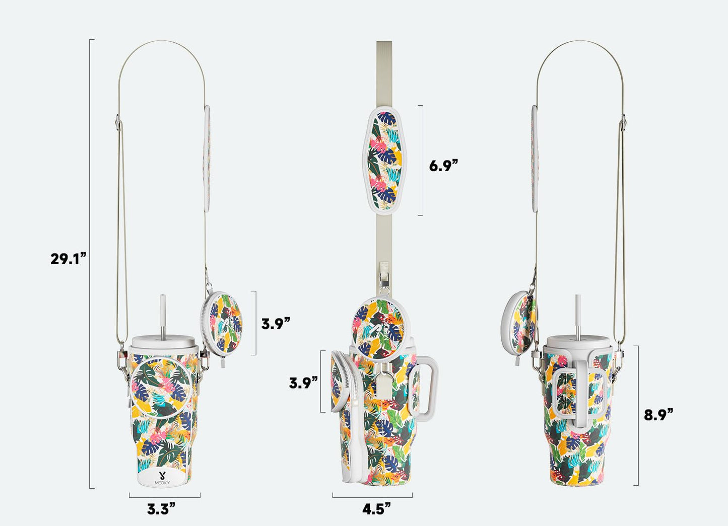 Meoky Water Bottle Carrier Bag with Phone Pocket for 40 oz Tumbler with Handle, Neoprene Water Bottle Holder Pouch with Adjustable Strap, 2 Carabiner Clips (Leaf)