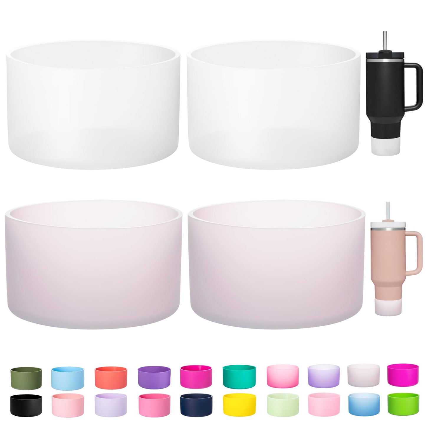 LONPARRY 4-Pack Silicone Boot for Stanley Cup IceFlow Rubber Bottom Sleeve Protector for Stanley Tumbler HydroFlask Simple Modern Owala Car Travel Cup Bottle Bottom (2Clear+2Smoky Pink)