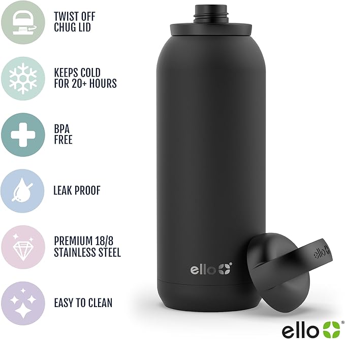 Ello Cooper Twist 40oz Stainless Steel Water Bottle with Chug Lid | Leak Proof | Double Walled and Vacuum Insulated | Built in Carry Loop | Dishwasher Safe | Black