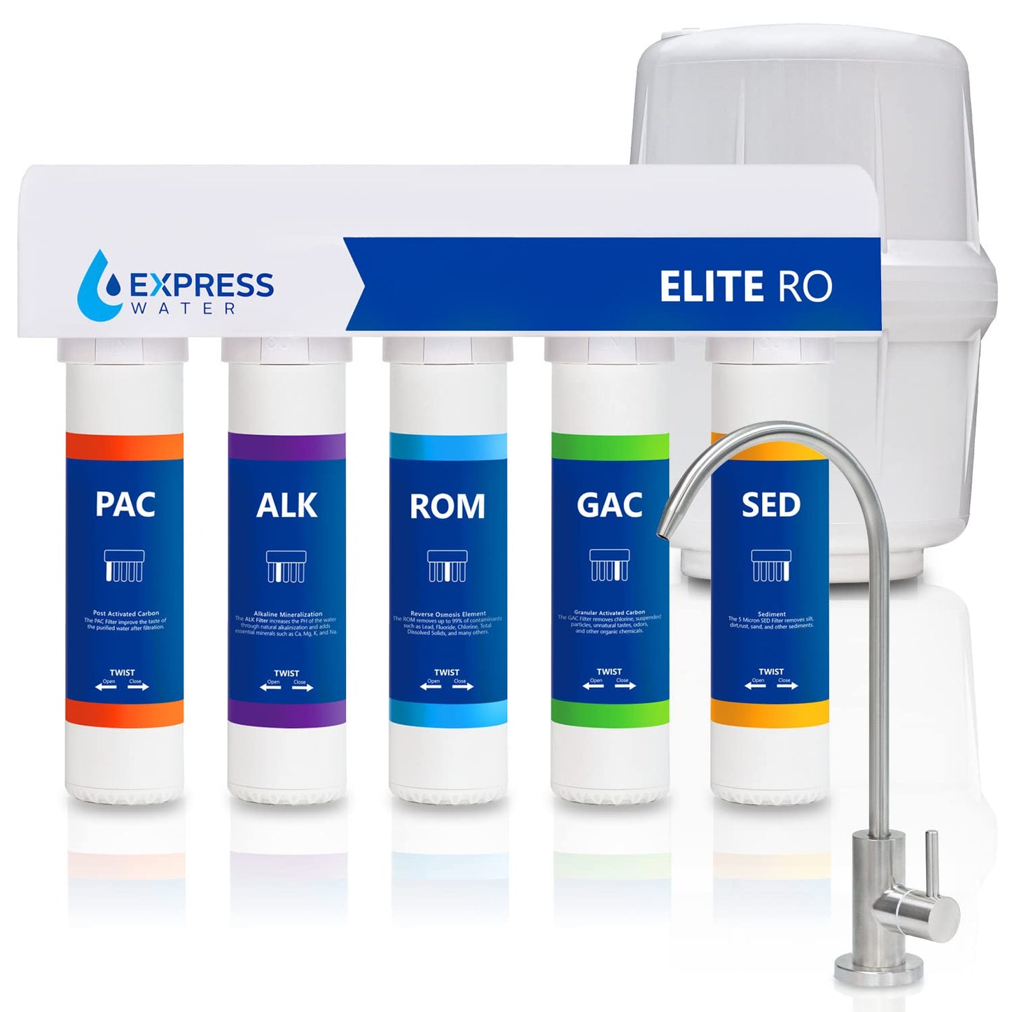 Express Water Elite RO Reverse Osmosis Alkaline Water Filtration System – Quick Twist Filter Change 9 Stage RO Water Filter– Under Sink Water Filter with Alkaline Filter for Essential Minerals 100 GPD