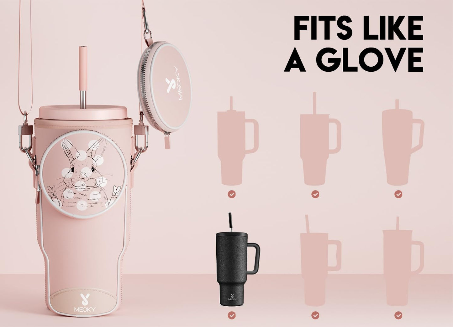 Meoky Water Bottle Carrier Bag with Phone Pocket for 40 oz Tumbler with Handle, Neoprene Water Bottle Holder Pouch with Adjustable Strap, 2 Carabiner Clips (Pink Bunny)