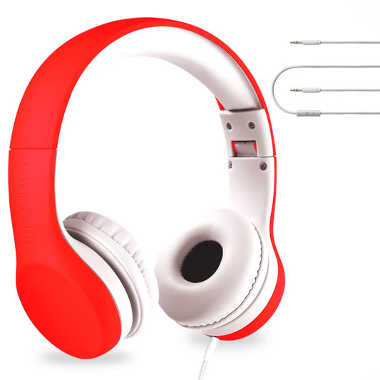 LilGadgets Connect+ Wired Kids Headphones for School with Microphone, Volume Limiting & Noise Reduction On-Ear Headset with Cord, SharePort Technology & SoftTouch Padding, Red - Kids Wired Headphones