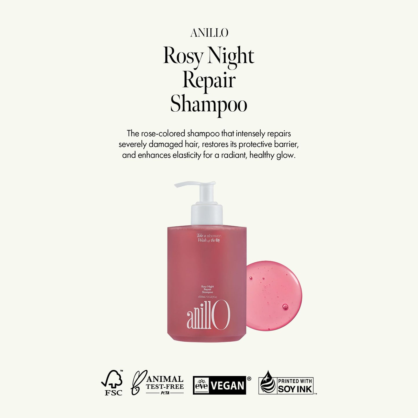 ANILLO Rosy Night Repair Shampoo – Anti-Dandruff & Damage Repair with Damask Rose Water & Ceramide – Color Safe, Silicone & Sulfate Free (15.22 fl. Oz)