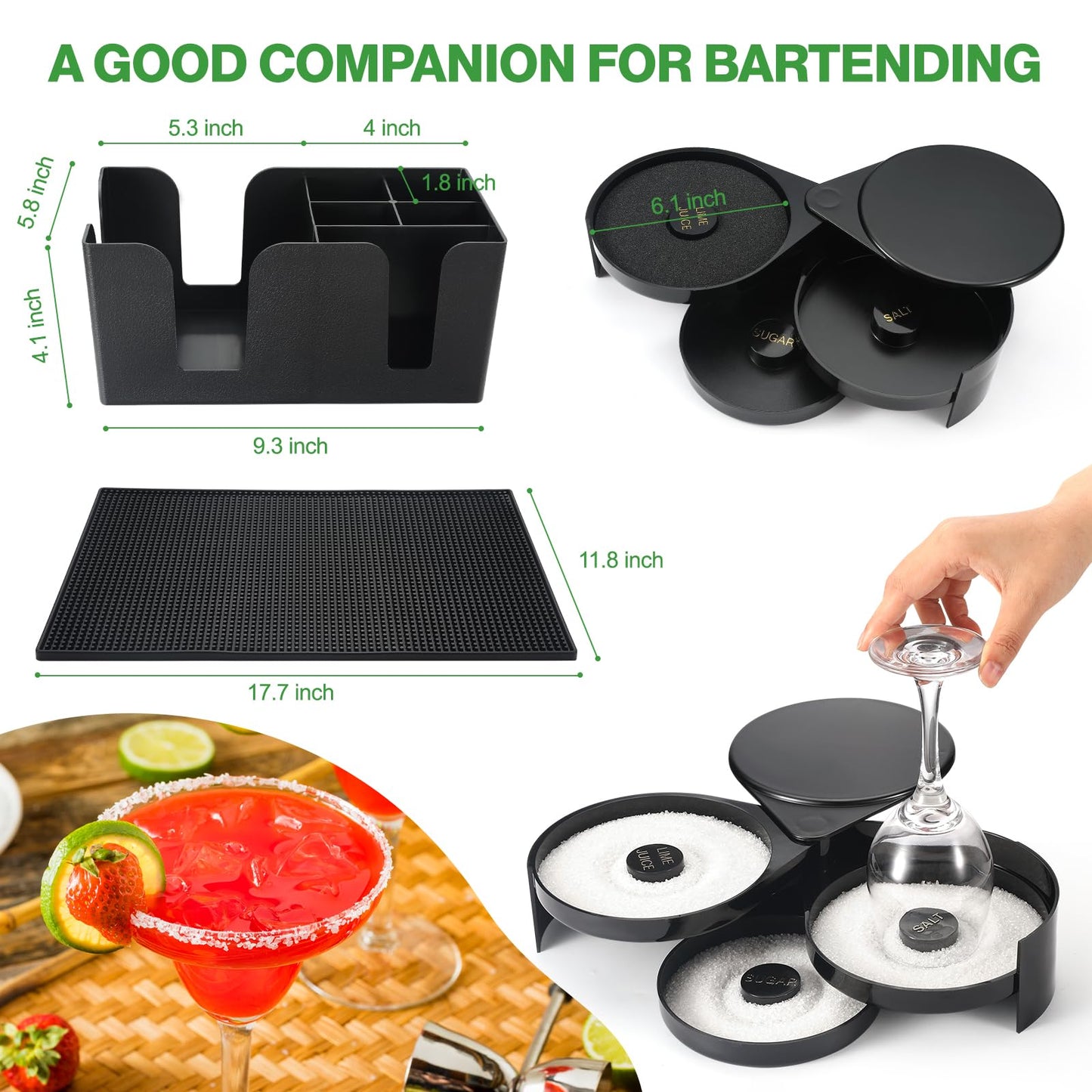 Bartending Supplies - 18" x 12" Bar Mat Garnish Tray with Lid Bar Caddy 3 Tier Bar Glass Rimmer, 2 Plastic Juice Pour Bottles 3 Mini Tongs 12 Classic Liquor Bottle Pourers 500 Cocktail Straws(Clear)