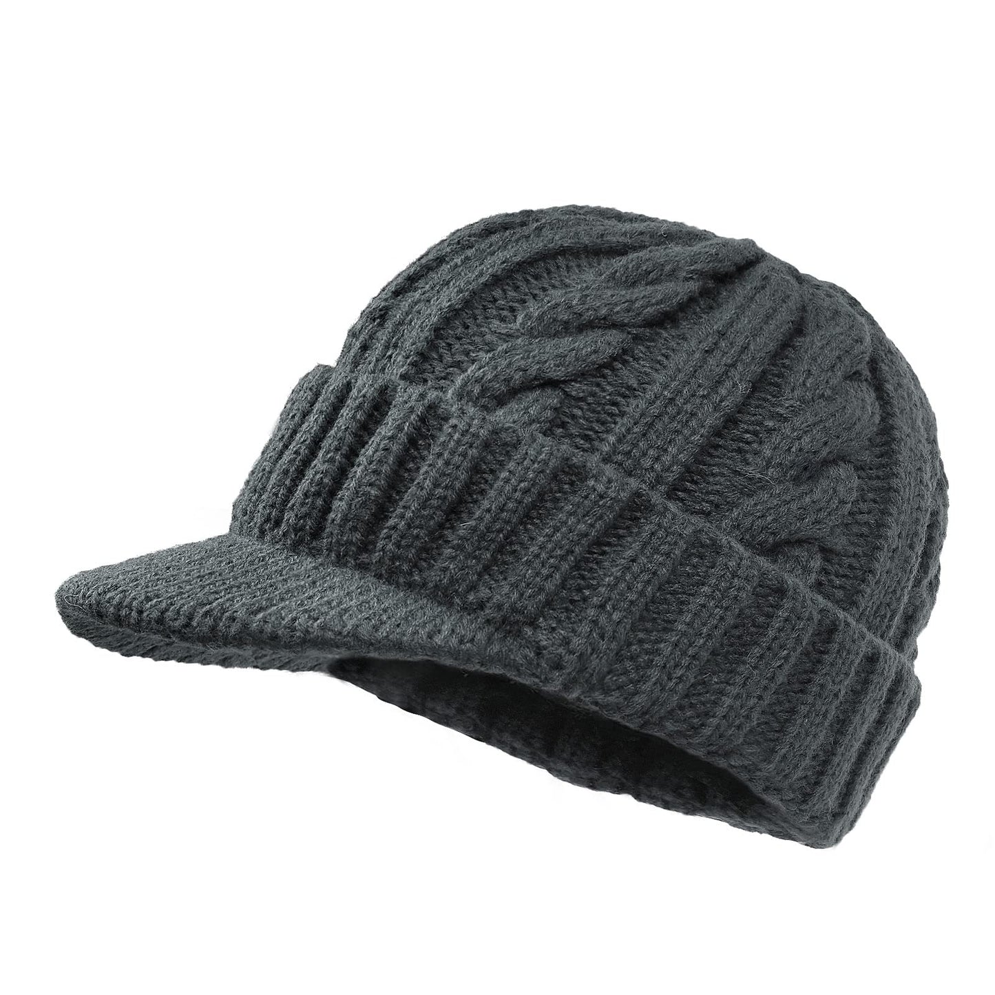 Clakllie Winter Visor Beanie Hat for Men Women Brim Knit Skully Hats Billed Skull Cap Thick Vintage Knitted Beret,Gray