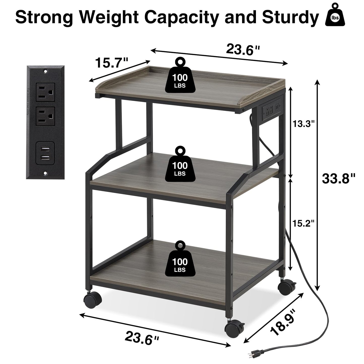 Lauren&Harold 34'' Printer Stand with Storage Printer Table with Power Outlets and USB Ports, Rolling Printer Cart with Adjustable Shelf, Large Printer Stand with Wheels for Home Office, Grey/Black