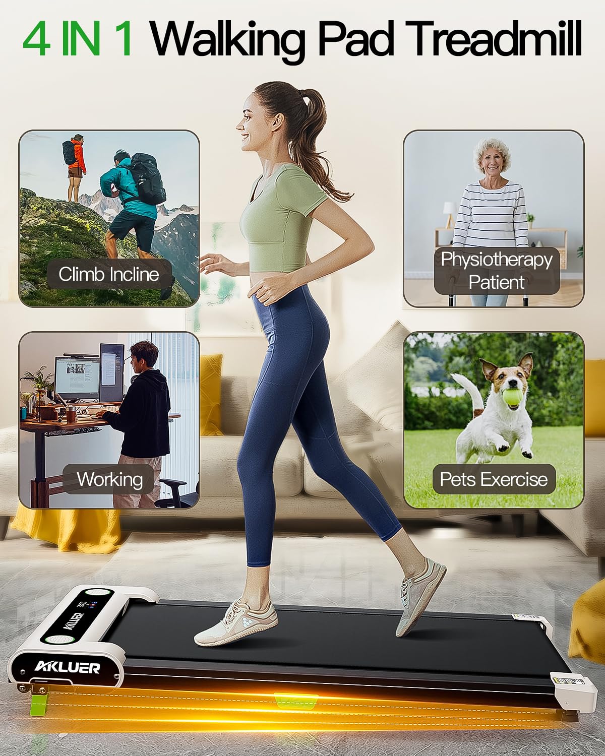 AKLUER Walking Pad with Incline, Under Desk Treadmill for Home, 2.5HP Portable Treadmills with Remote Control, 4 in 1 Incline Treadmill with LED Display