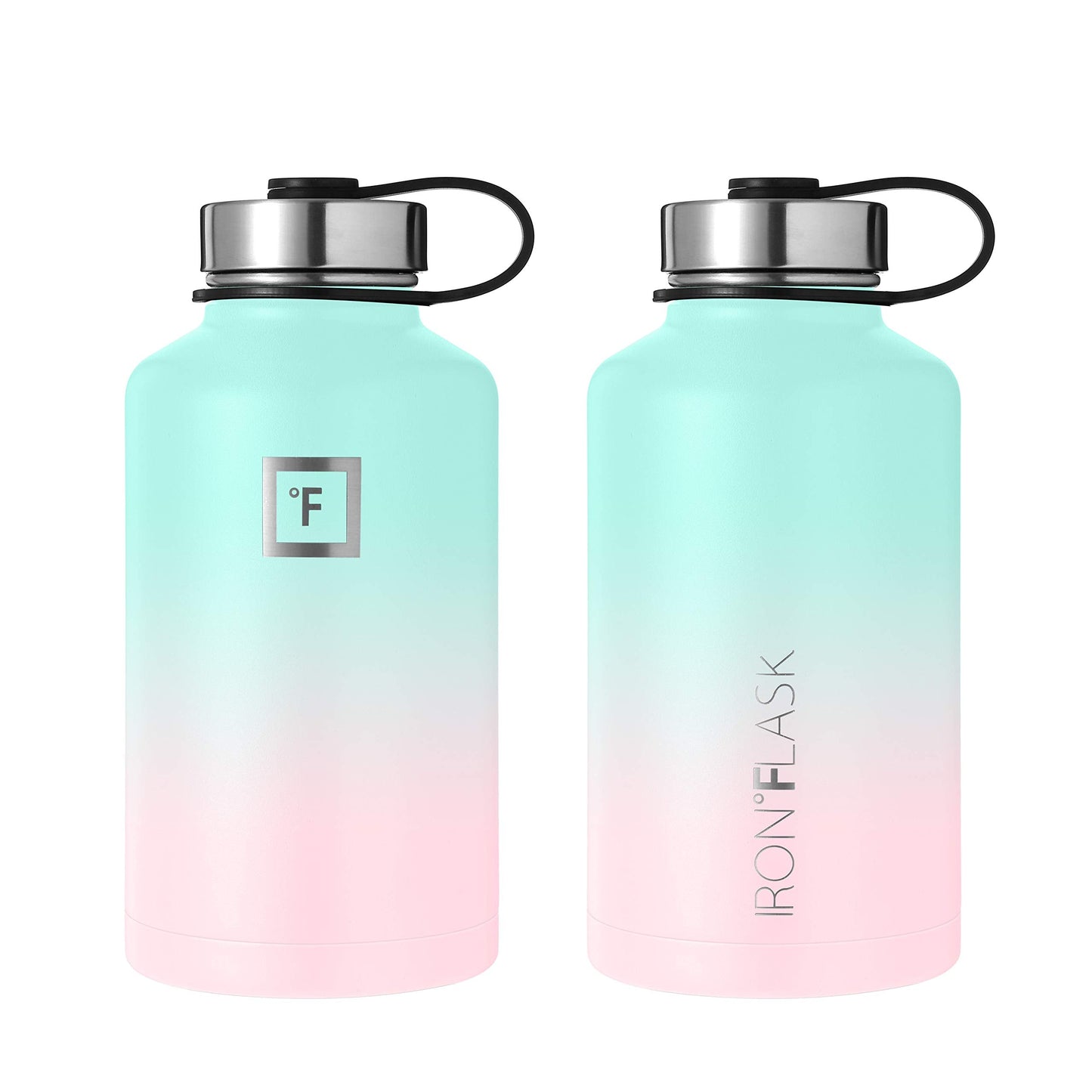IRON °FLASK Camping & Hiking Hydration Flask, Wide Mouth, 3 Straw Lids, Stainless Steel Outdoor Water Bottle, Double Walled, Insulated Thermos, Metal Canteen - Bubble Gum, 64 Oz