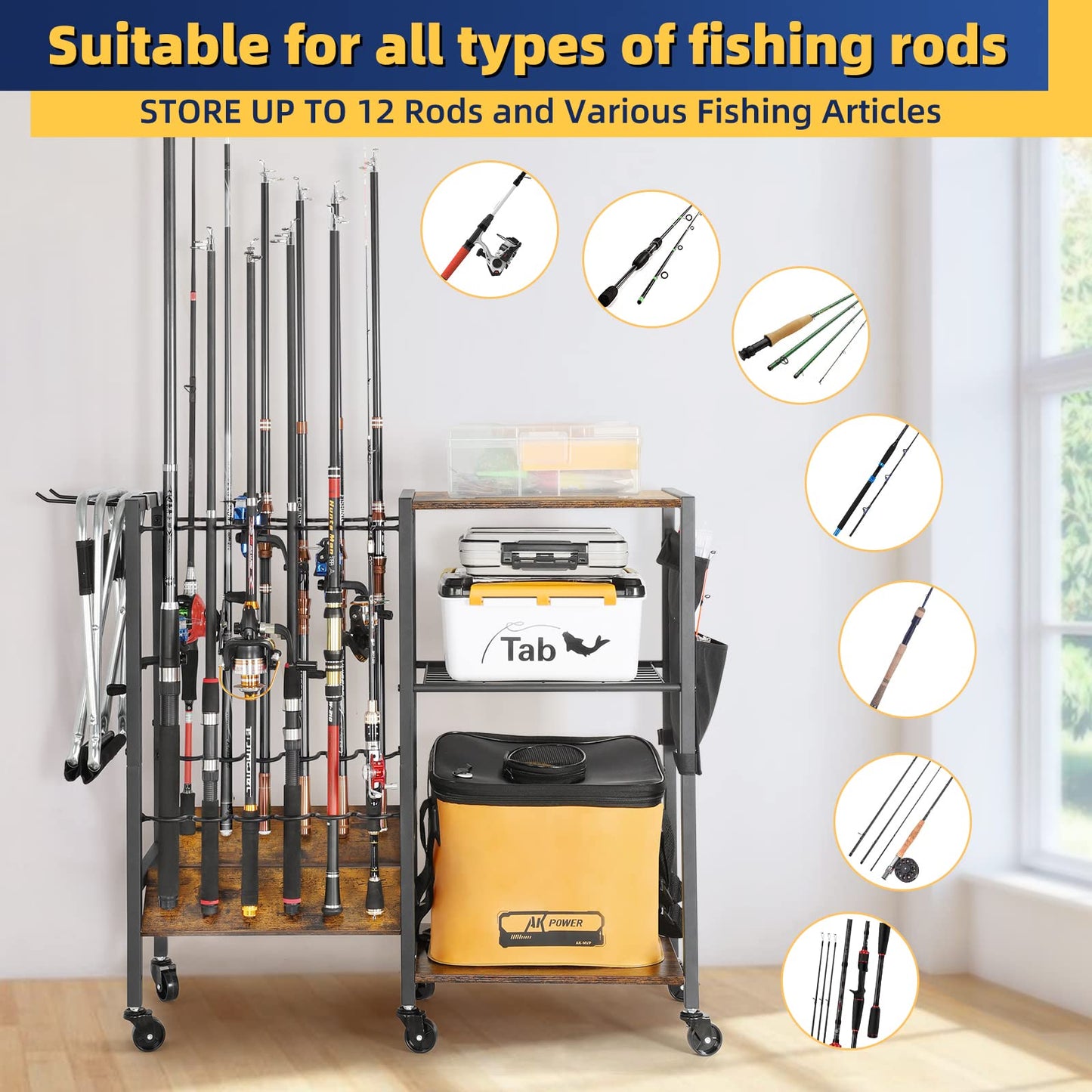 Olakee Fishing Rod Holders Fishing Gear Fishing Equipment Organizers Fishing Pole Holders Fishing Rod Tackle Cart for Garage Home Entryway Corner