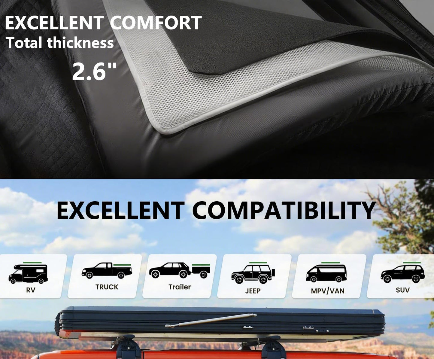 Hard Shell Rooftop Tent for SUV/Truck/Jeep, 2-3 Person Waterproof Car Top Tent with Mattress, Windproof Aluminum Alloy Camping Shelter for All-Weather, Complete Accessories (Grey, OneSize)