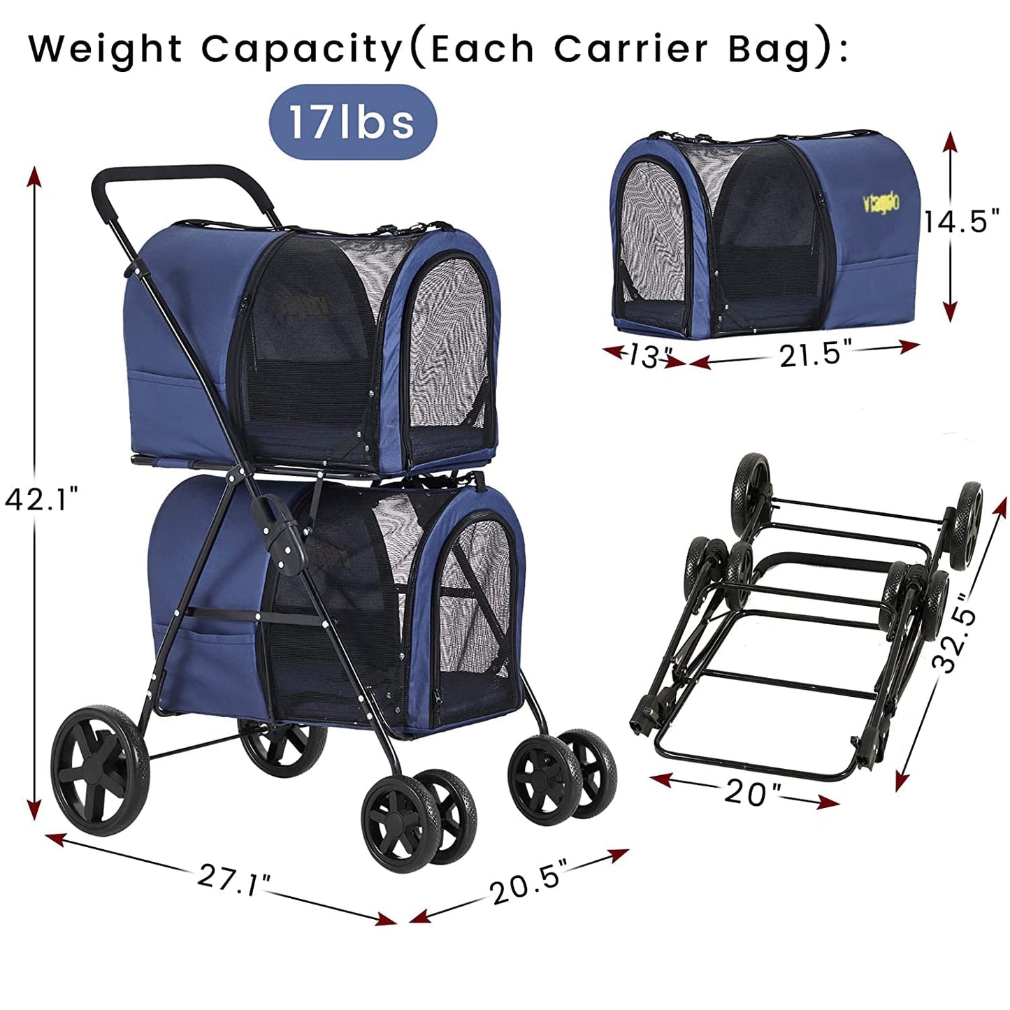 VIAGDO Dog Strollers for Small Medium Dogs, Double Cat Strollers for 2 Cats, 4-in-1 Small Doggy Pet Stroller, 2 Detachable Carriers, 4 Lockable Wheels, Pet Travel Cart, Folding Trolley, Navy Blue