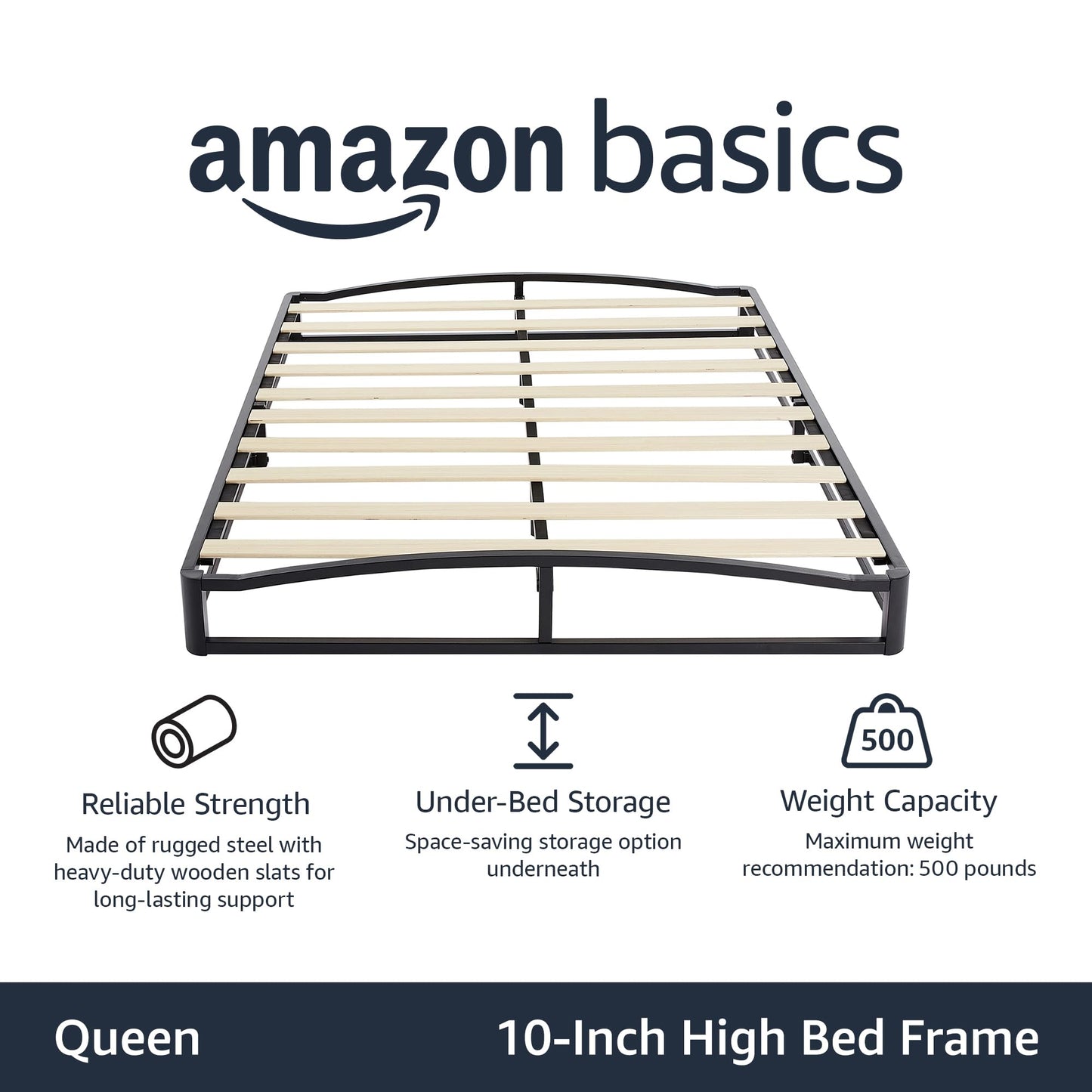 Amazon Basics Metal Platform Bed Frame with Wood Slat Support, 10 Inches High, Queen, Black