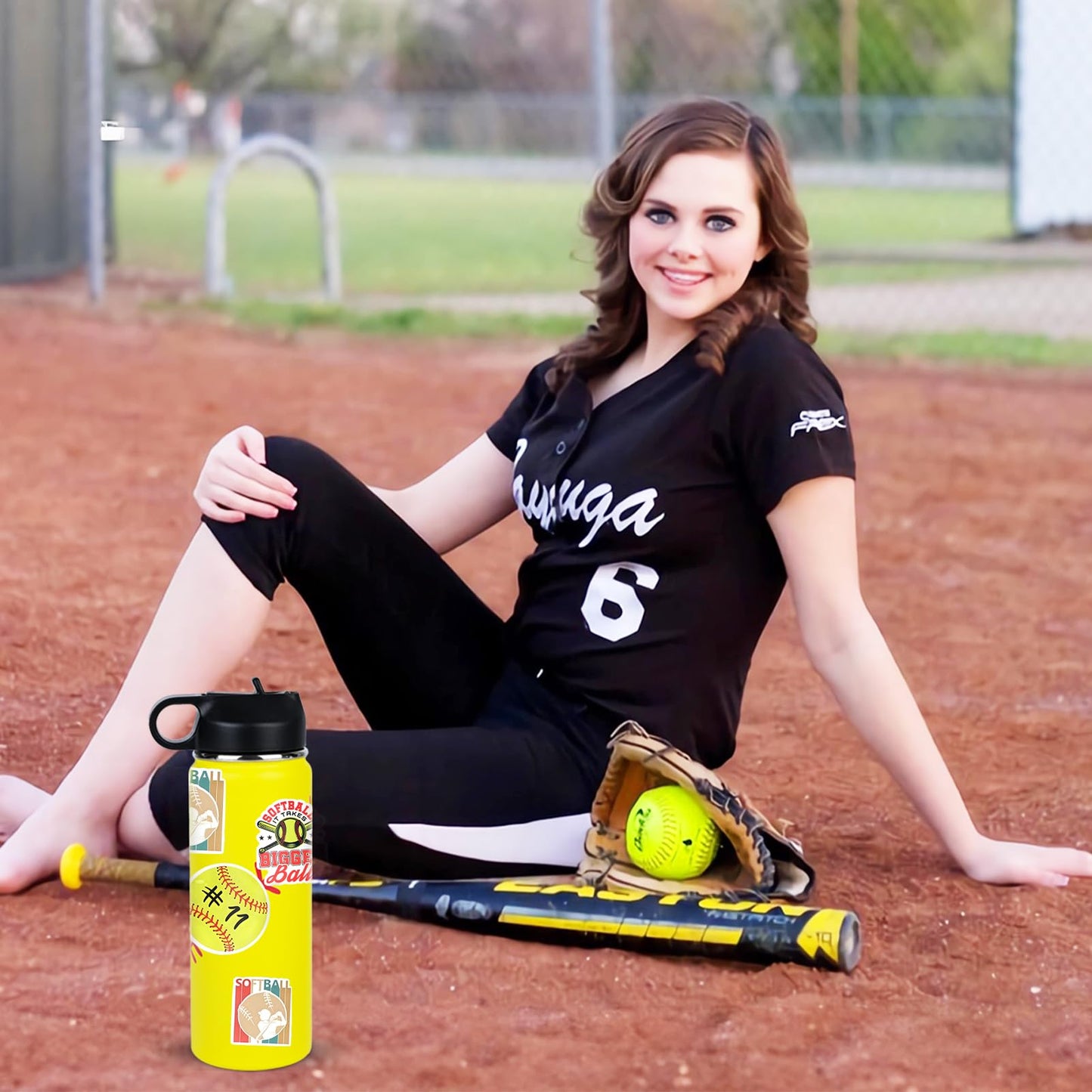 RhythmFit Softball Gifts for Girls,Softball Water Bottle and 50PCS Stickers Accessories Stuff for Player Lovers(18OZ)
