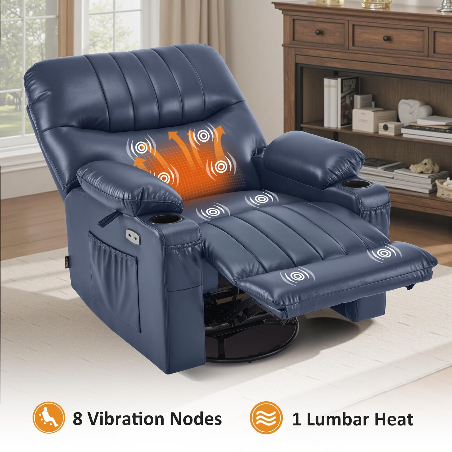 MCombo Power Swivel Glider Rocker Recliner Chair for Living Room with Vibration and Heat, USB Ports, Cup Holders and Pockets, Faux Leather 7785 (Navy Blue)
