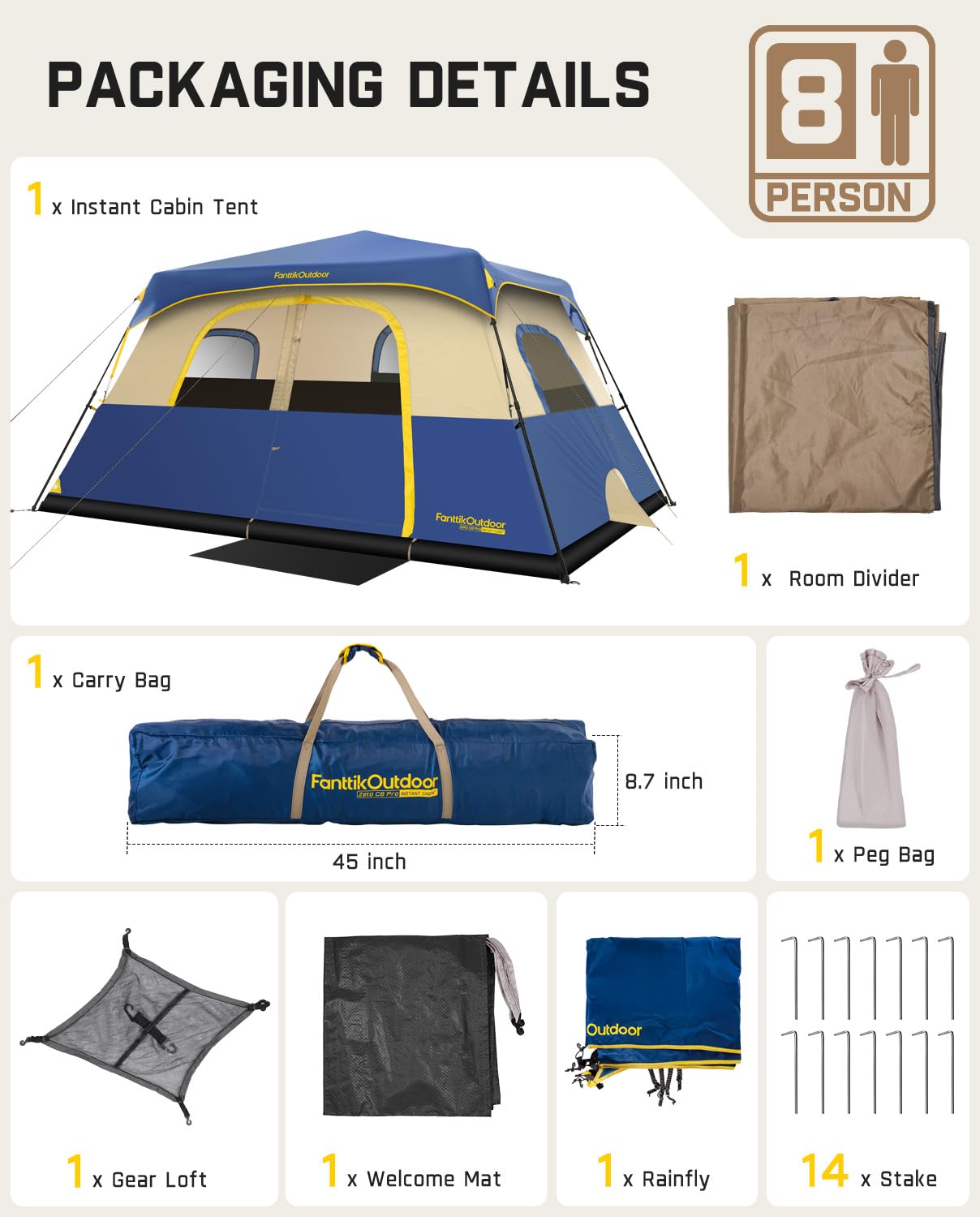 FanttikOutdoor Zeta C8 Pro Camping Tent 8 Person Instant Cabin Tent Setup in 60 Seconds with Rainfly & Windproof Portable with Carry Bag for Family Camping & Hiking, Upgraded Ventilation, Navy Blue