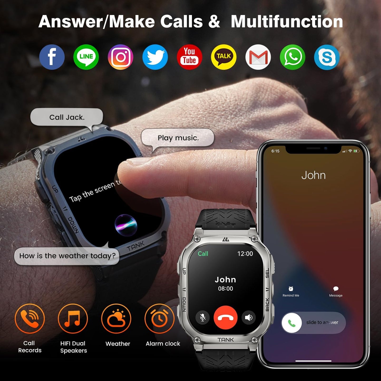 AMAZTIM Smart Watch, 60 Days Extra-Long Battery, 5ATM Waterproof Swimming Diving, Full Metal Military Grade, Answer/Make Call, 2" AMOLED Display, Health Monitor Compatible for iPhone and Android