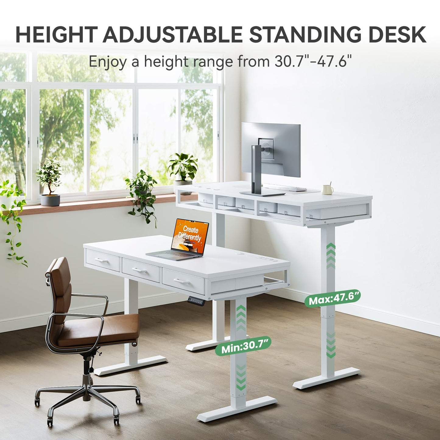 AODK Electric Standing Desk with Drawers, 47 Inch Height Adjustable Small Desk with Power Outlets, Sit Stand Table, Writing Computer Desk for Home, Office, Workstation, White