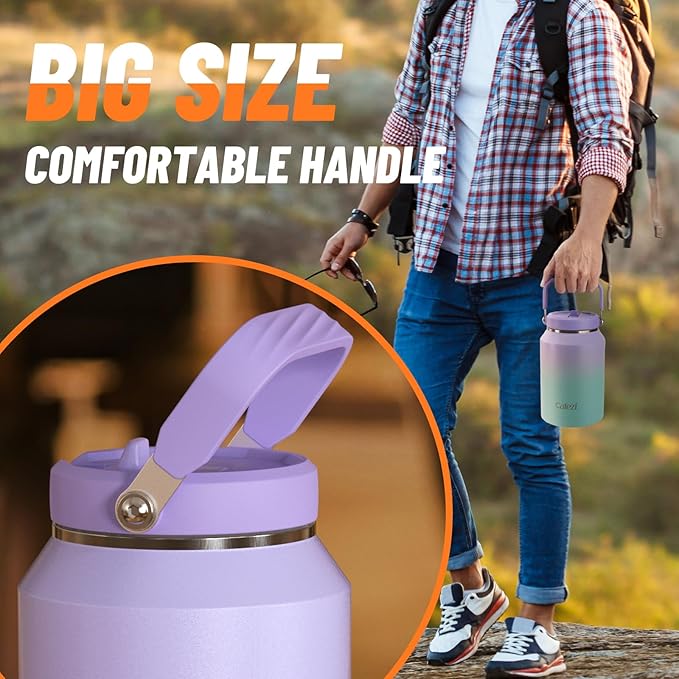 64oz Insulated Water Bottle, Stainless Steel Water Bottles with Flip Straw and Top Handle, Leak Proof, Iced for 34 Hours, 64 oz Tumbler