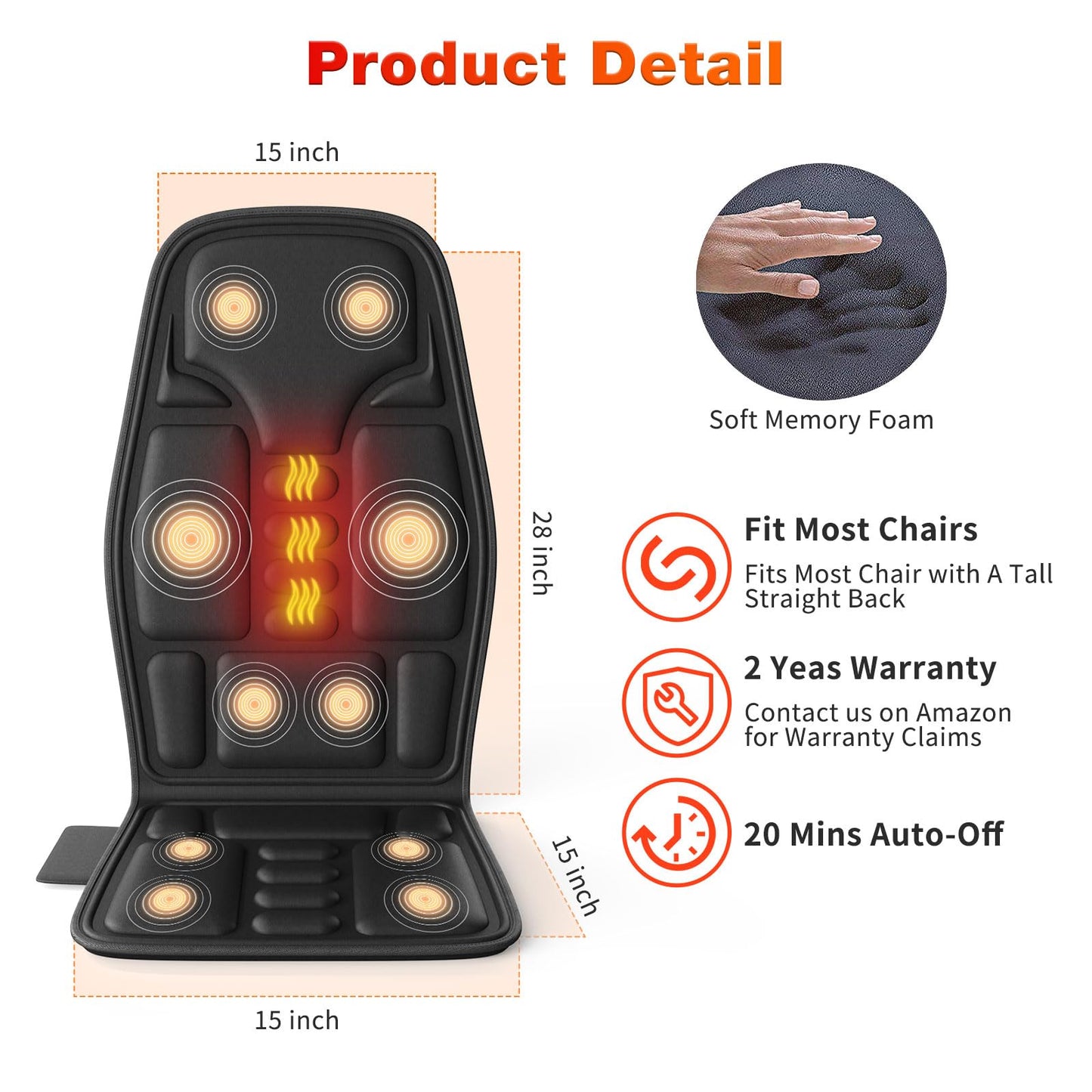 Back Massager with Heat for Pain Relief, Back Massage Chair Pad, Full Body Massage, Deep Tissue Vibration Massager with 2 Adapters, Office and Recliner