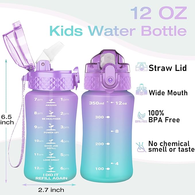 OLDLEY Kids Water Bottle for School, 12 oz (Straw Lid) BPA-Free Reusable Leak-proof Durable Tritan Plastic Water Bottles with One-handed Opening Straw Lids, Anti-dust Spout Cover (Macaroon)