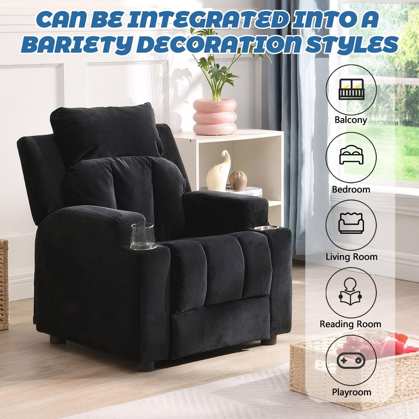 Anwick 2-in-1 Kids Recliner Chair with Cup Holder, Velvet Upholstered Single Sofa with Adjustable Footrest & Backrest, Toddler Recliners for Boys and Girls (Black)