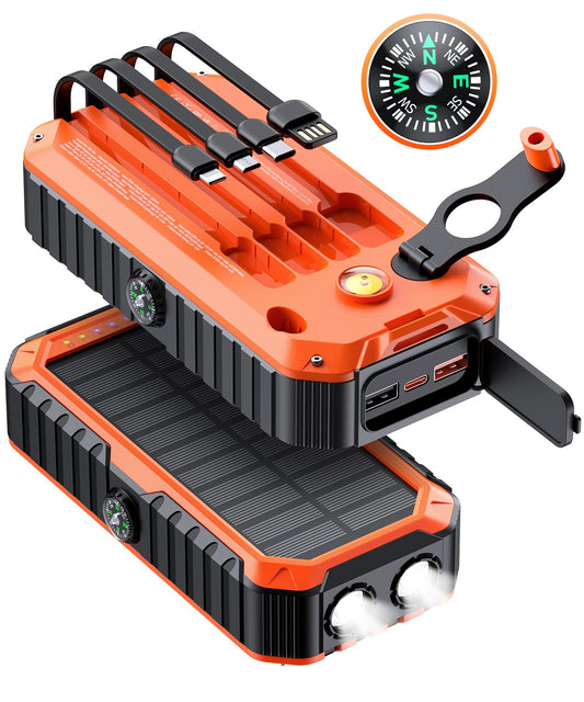 QiSa Solar Charger Power Bank 40000mAh Built in 4 Cables and Hand Crank, Portable Charger 22.5W Fast Charger 6 Outputs & 4 Inputs External Battery Pack with Bright Flashlight and Compass