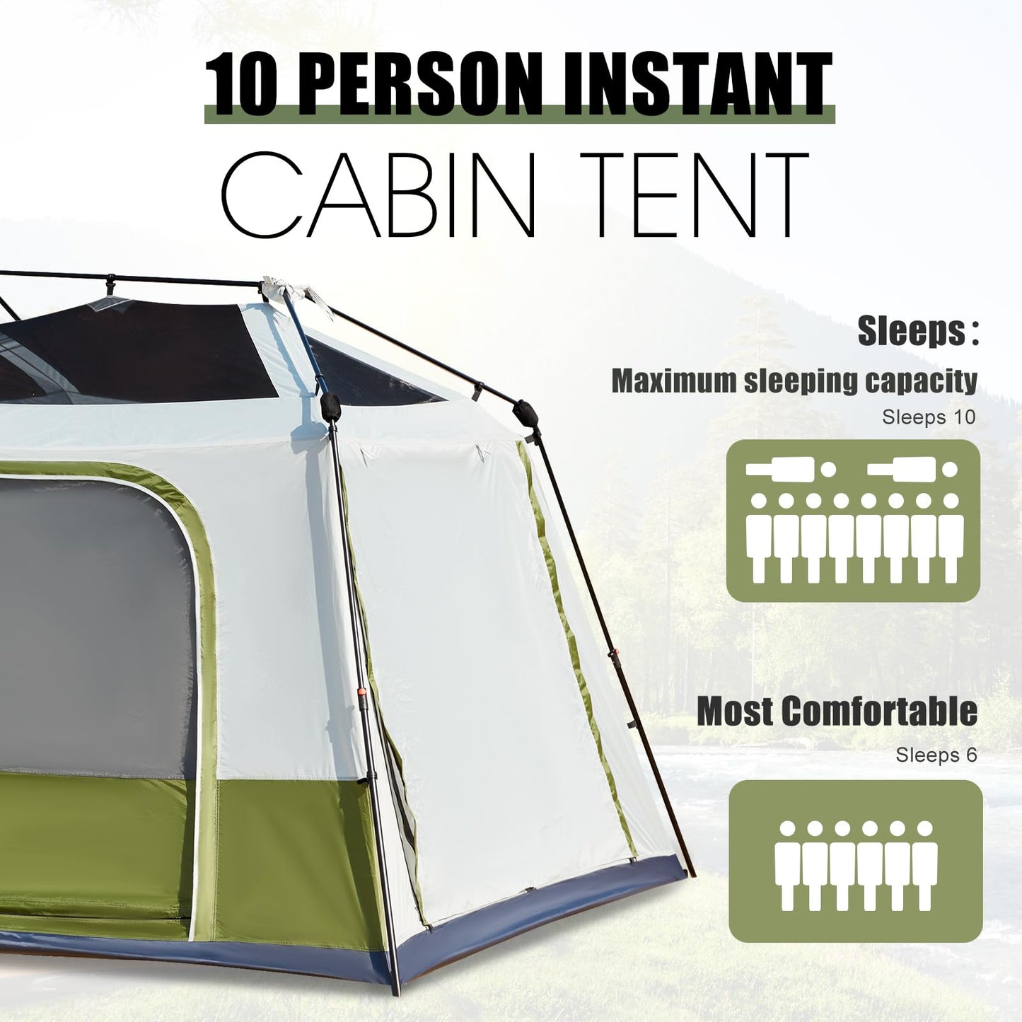YOLENY Instant Cabin Tent, 4-8 Person Pop-Up Tent for Camping, Spacious Interior-14' x 9', 3000mm Water-Resistant with Rainfly, 2 Windows & 4 Doors, Green