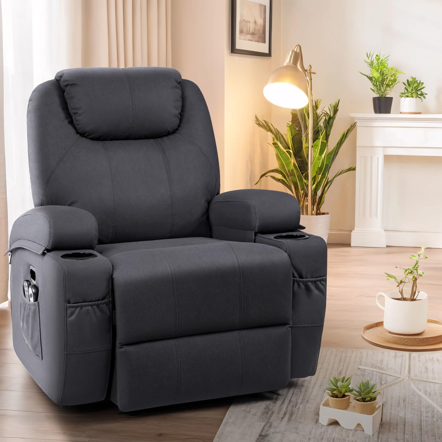 Flamaker Power Lift Recliner Chair with Massage for Elderly Ergonomic Lounge Chair Classic Single Sofa with 2 Cup Holders Side Pockets Home Theater Seat (Fabric, Navy Blue)