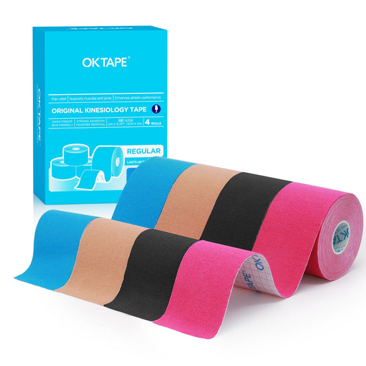 OK TAPE Regular Kinesiology Tape (4 Pack), Original Cotton Athletic Tape for Support Muscle Joint Knee, Sports Waterproof Tape Uncut Strips Latex Free, Hypoallergenic, Pain Relief, 2in×16.4ft 4Colors