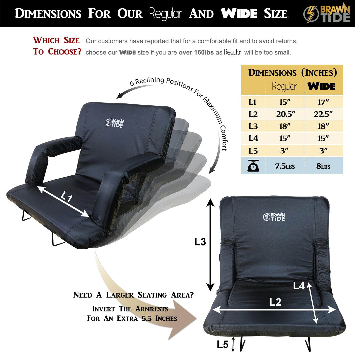 BRAWNTIDE Stadium Seat with Back Support - Comfy Cushion, Thick Padding, 2 Bleacher Hooks, 4 Pockets, Ideal Stadium Chair for Bleachers, Sporting Events, Camping, Beaches (Black, Regular Size)