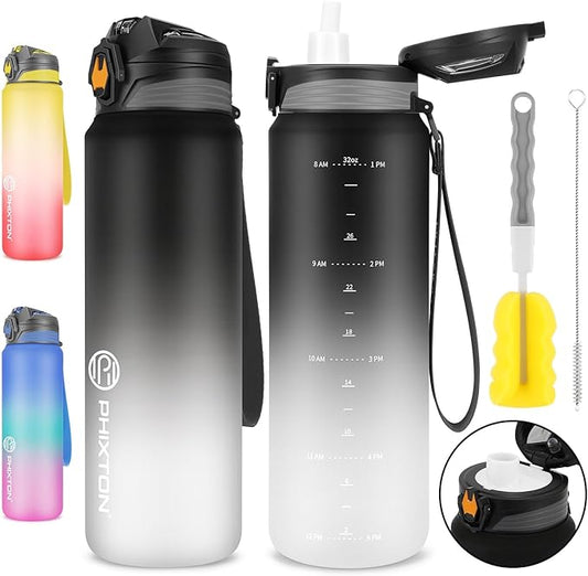 PHIXTON 32 OZ Water Bottle With Removable Straw Time Maker, 1L BPA Free Thick Tritan Plastic Leak Proof Waterbottle tracker, Motivational Measured Sports Flip Top Jugs 32oz For Drinking
