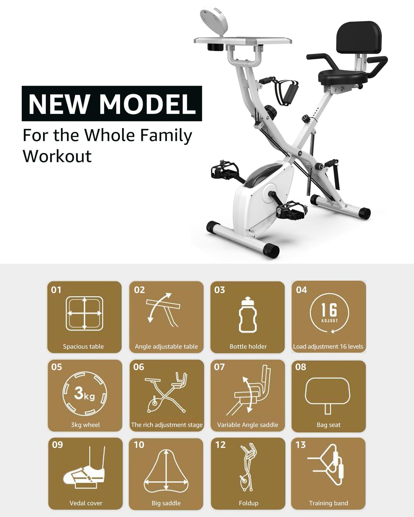 LINBOLUSA Indoor Exercise Bike for Seniors, 5 IN 1 Foldable Stationary Bike with 16-Level Magnetic Resistance and Tri-Position Ride, 330LBS Capacity, 6.6 LBS Flywheel, Designed for Home Workout 819 White