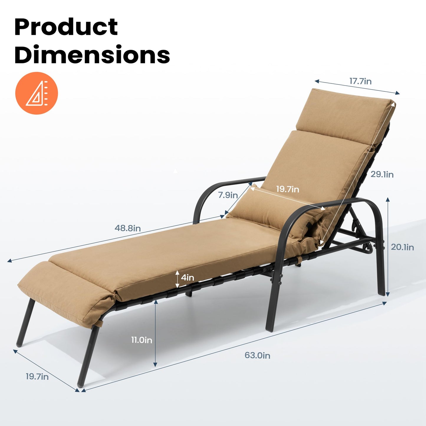 Pellebant Patio Chaise Lounge Chair with Cushion, Adjustable Lounge Chair with 5 Positions, Outdoor Recliners All Weather for Beach, Pool and Yard, 2 Pcs, Tan