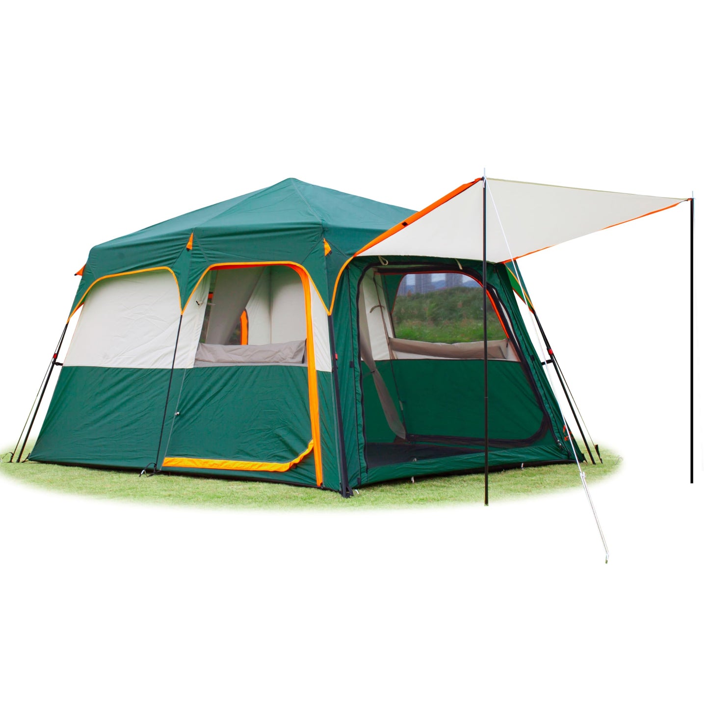 KTT Instant Tent 6-8 Person A,Large Family Cabin Tents,Automatic Tent Build Quickly in 60S,2 Rooms,2 Top Windows,3 Doors and 3 Windows with Mesh,Waterproof,Big Tents for Outdoor,Picnic,Camping(Green)