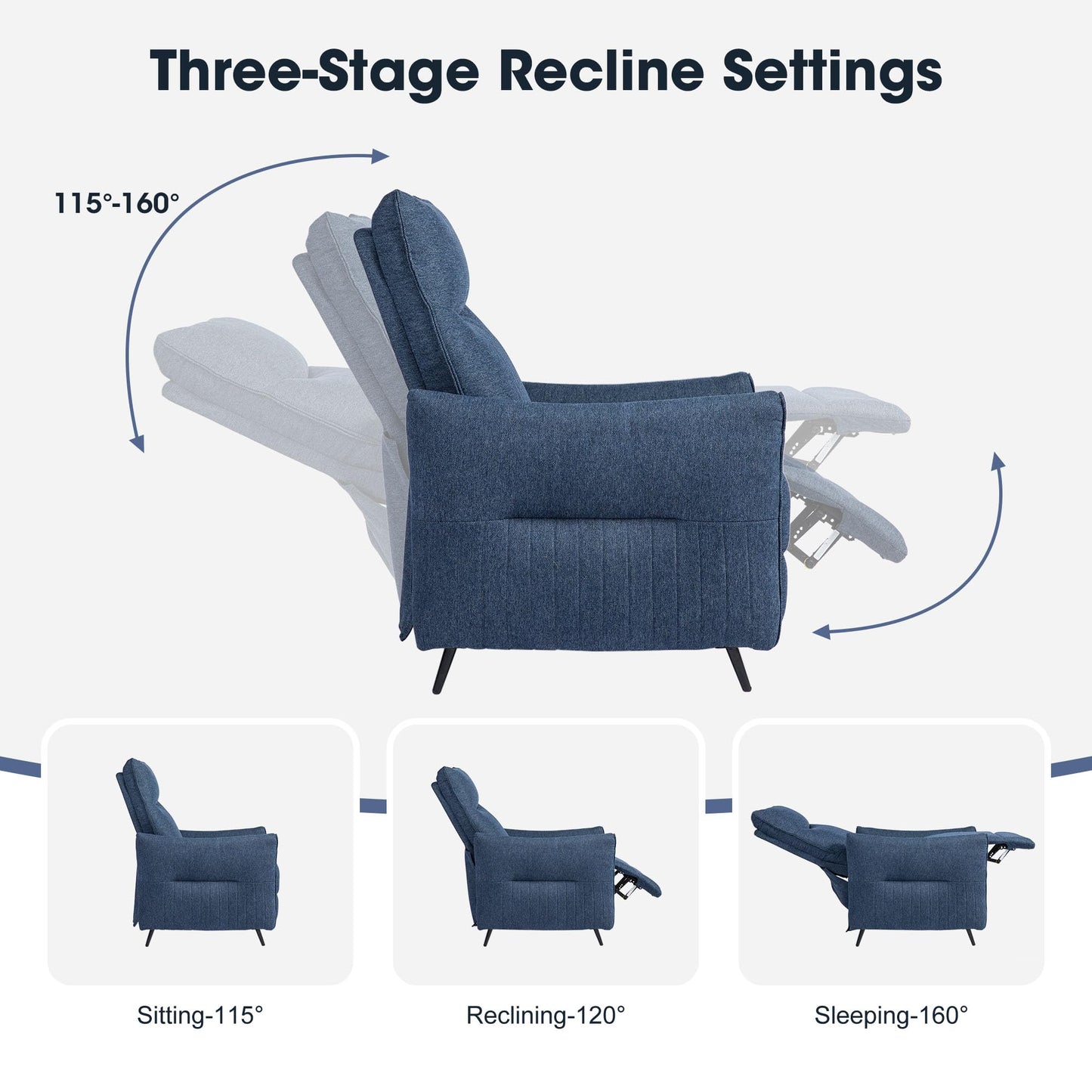 Glitzhome Push Back Recliner Chair Set of 2, Fabric Reclining Single Sofa for Adults Home Theater Seating with 3-Position Adjustable Footrest & Backrest, Wide Seat, Navy Blue