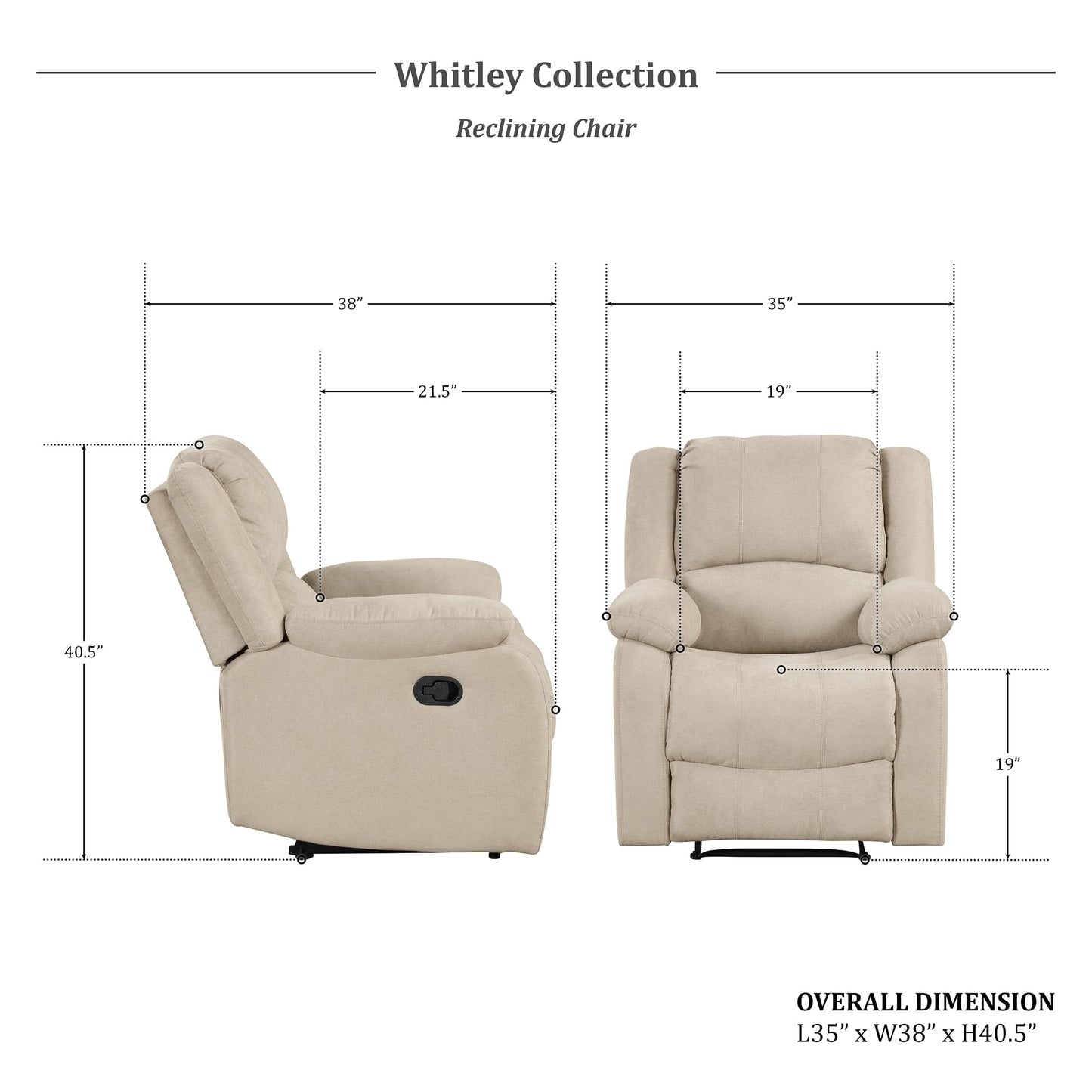 Lexicon Manual Recliner Sofa Chair, Home Theater Seating, Wall Hugger Manual Reclining Nursery Chair for Bedroom/Living Room/Office/Apartment, Oatmeal Textured Fabric