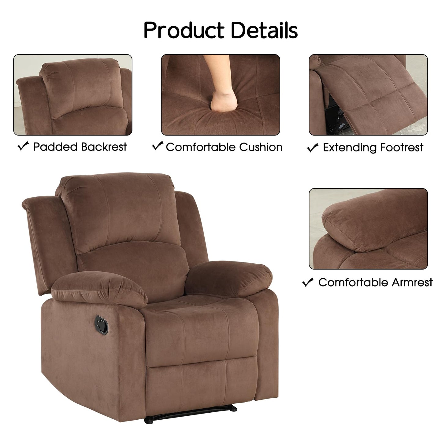 CANMOV Manual Recliner Chair Set of 2, Soft Fabric Overstuffed Recliner Single Sofa Chair for Living Room Bedroom, Heavy Duty and Safety Reclining Mechanism, Light Brown