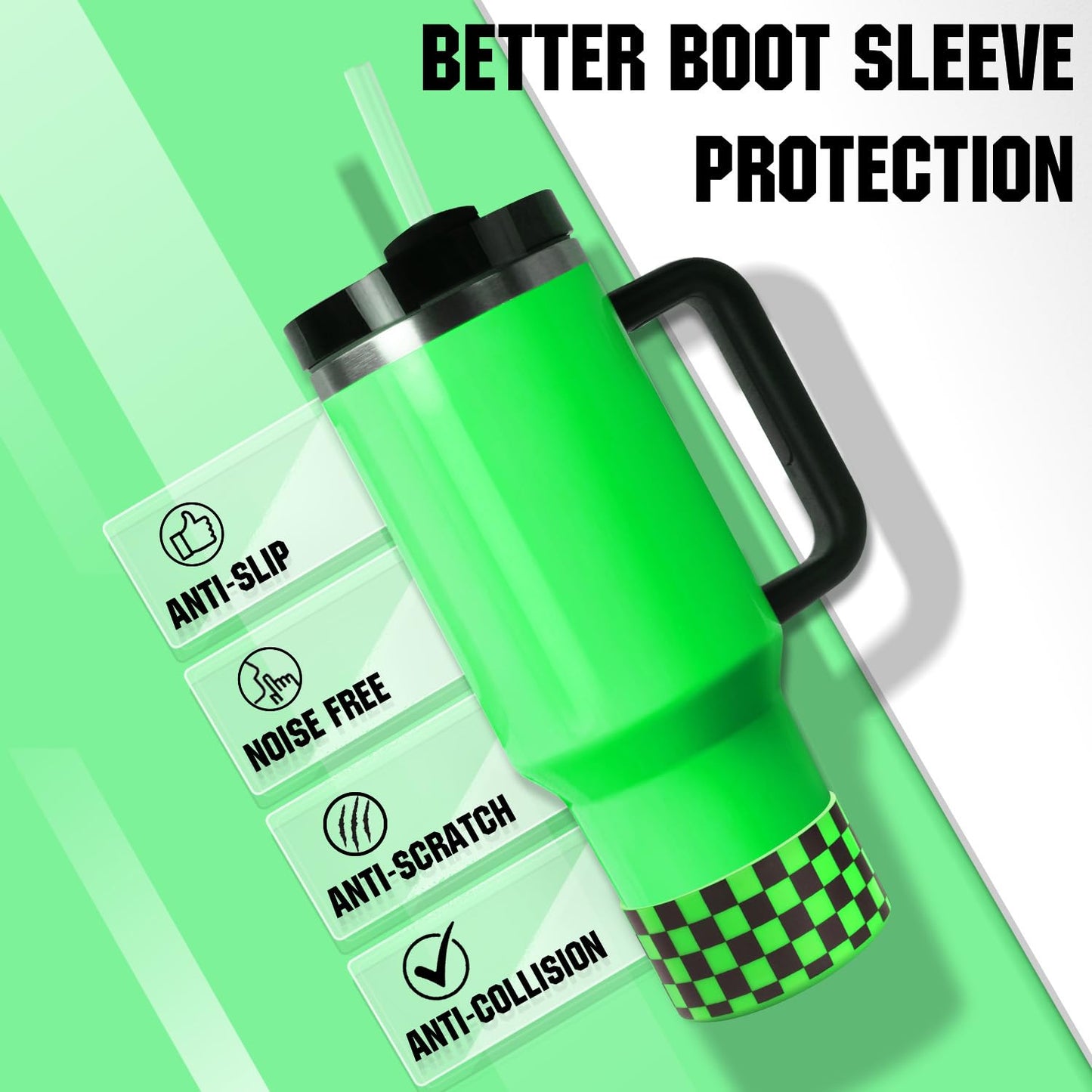 Neon Checkered Protective Silicone Boot for Stanley Tumbler 20-40oz, Made for Hydro Flask 12-24oz & Simple Modern 20-40oz, Antislip Sleeve for More Tumblers/Water Bottles of 2.8-2.95" Base, Neon Green