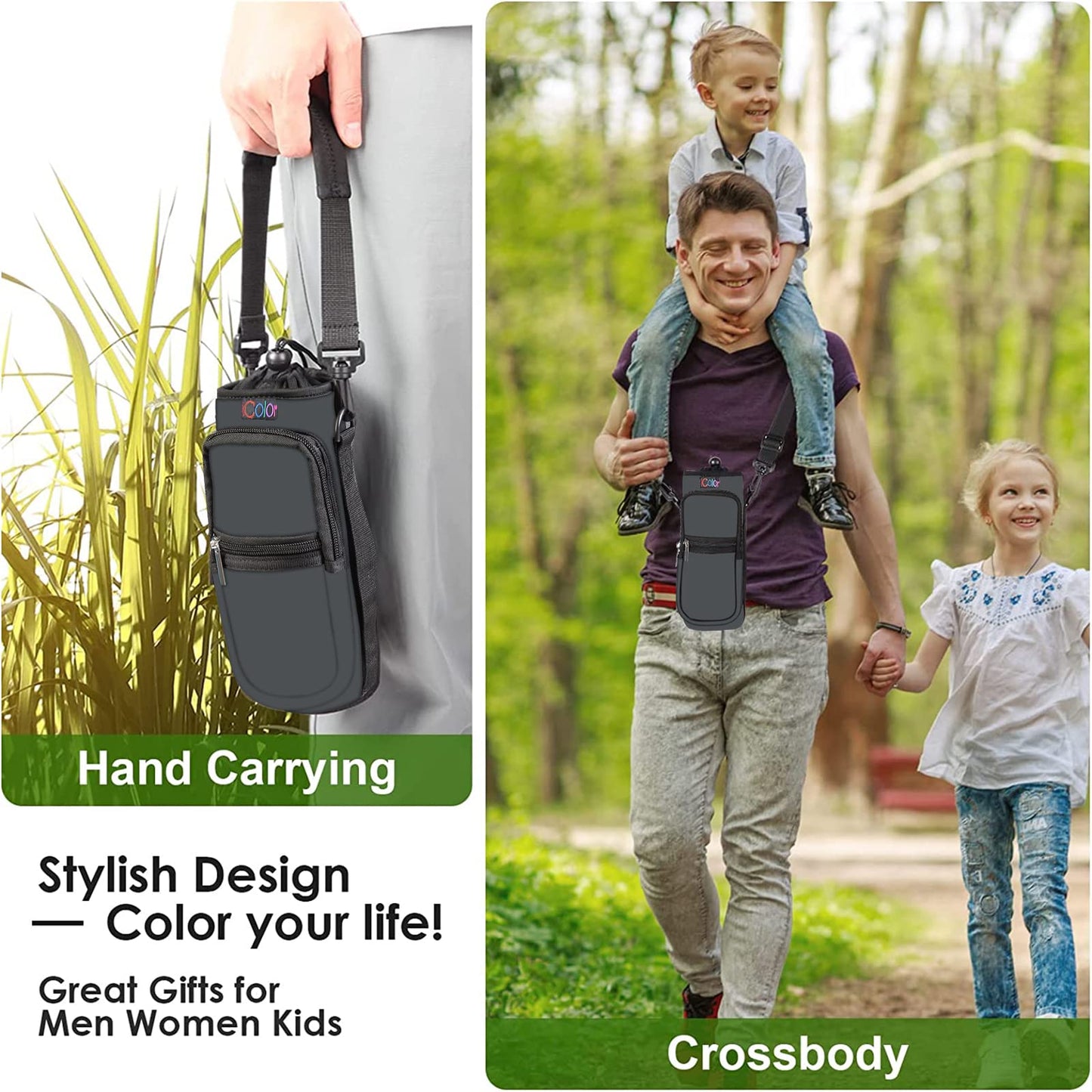 icolor Water Bottle Carrier Bag Holder 25/32/40/64oz,Adjustable Shoulder & Handle Strap Sports Sling Hiking Pack,Insulated Neoprene Wide Mouth Bottle Sleeve