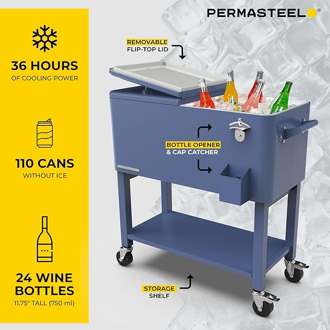 Permasteel Party Cooler with Removable Basin, Spacious 80-Qt Capacity, Rolling Ice Chest for Indoor and Outdoor Entertainment Azure + Bonus Cover