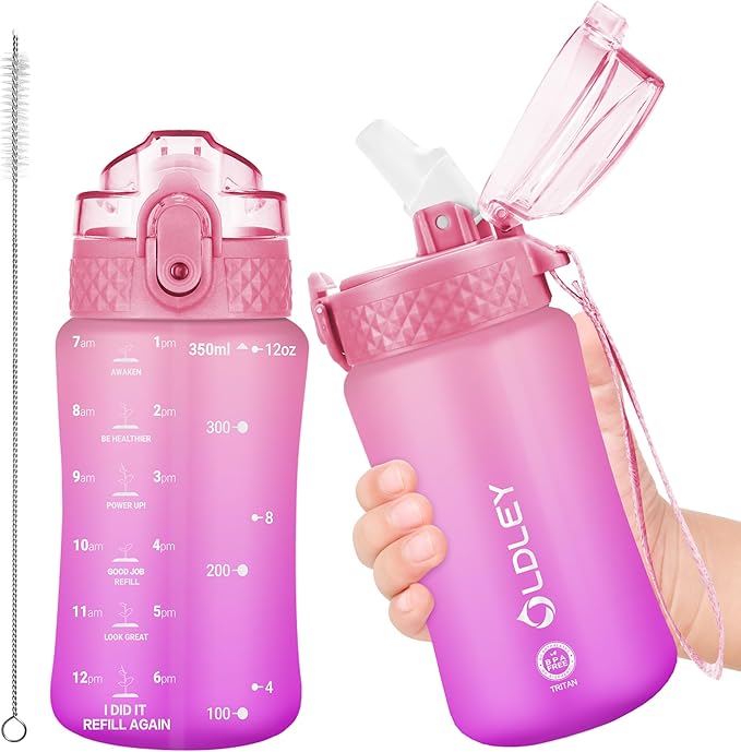 OLDLEY Kids Water Bottle for School, 12 oz (Straw Lid) BPA-Free Reusable Leak-proof Durable Tritan Plastic Water Bottles with One-handed Opening Straw Lids, Anti-dust Spout Cover (Sweet Pink)