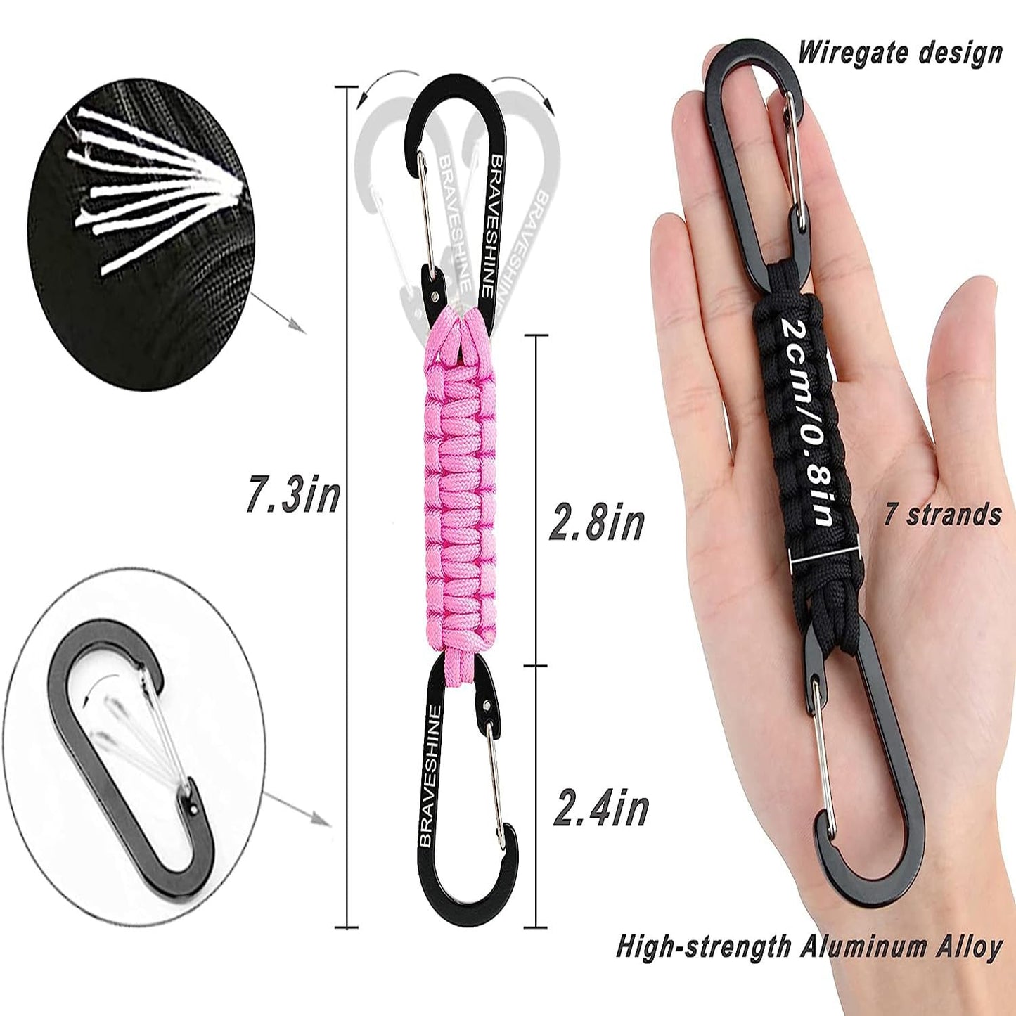 BRAVESHINE 2 Pack Purple Paracord Keychain Hook Carabiner Clips, Lanyard Hanger with D Ring Hooks Heavy-Weight Stroller Hook Holder for Water Bottle, Key, Backpack, Tools, Boys, Girls, Men, Women