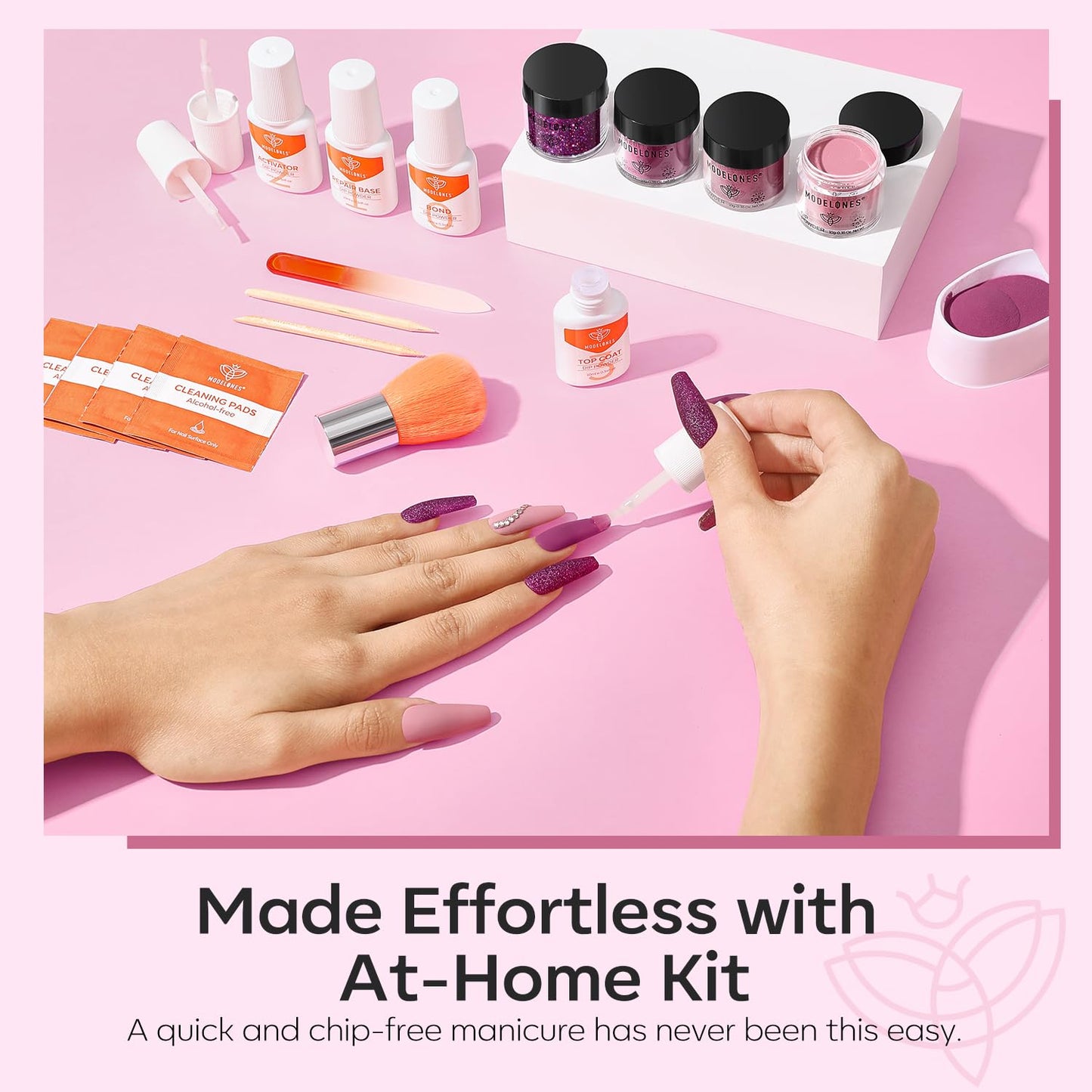 Modelones Dip Powder Nail Kit, 4 Colors Pink Purple Glitter Dipping Starter Set with Liquid and Complete Accessories for French Nails Art Salon DIY at Home Manicure