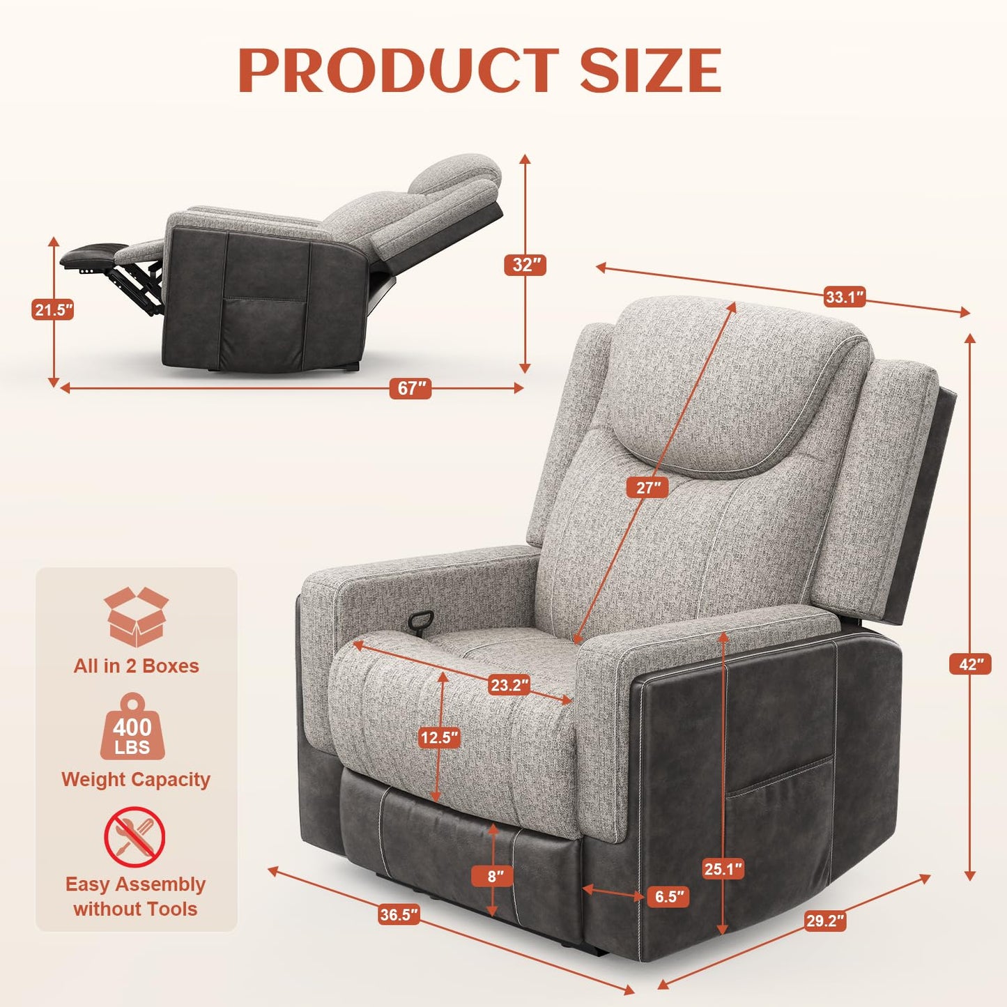 Dresegmt Oversize Manual Recliner Chair for Adults, Extra Wide Single Reclining Sofa Chair with Ergonomic, FSC Certified, Grey Linen-Blend & Chocolate Leather Scandinavian Chic for Living Room, RV