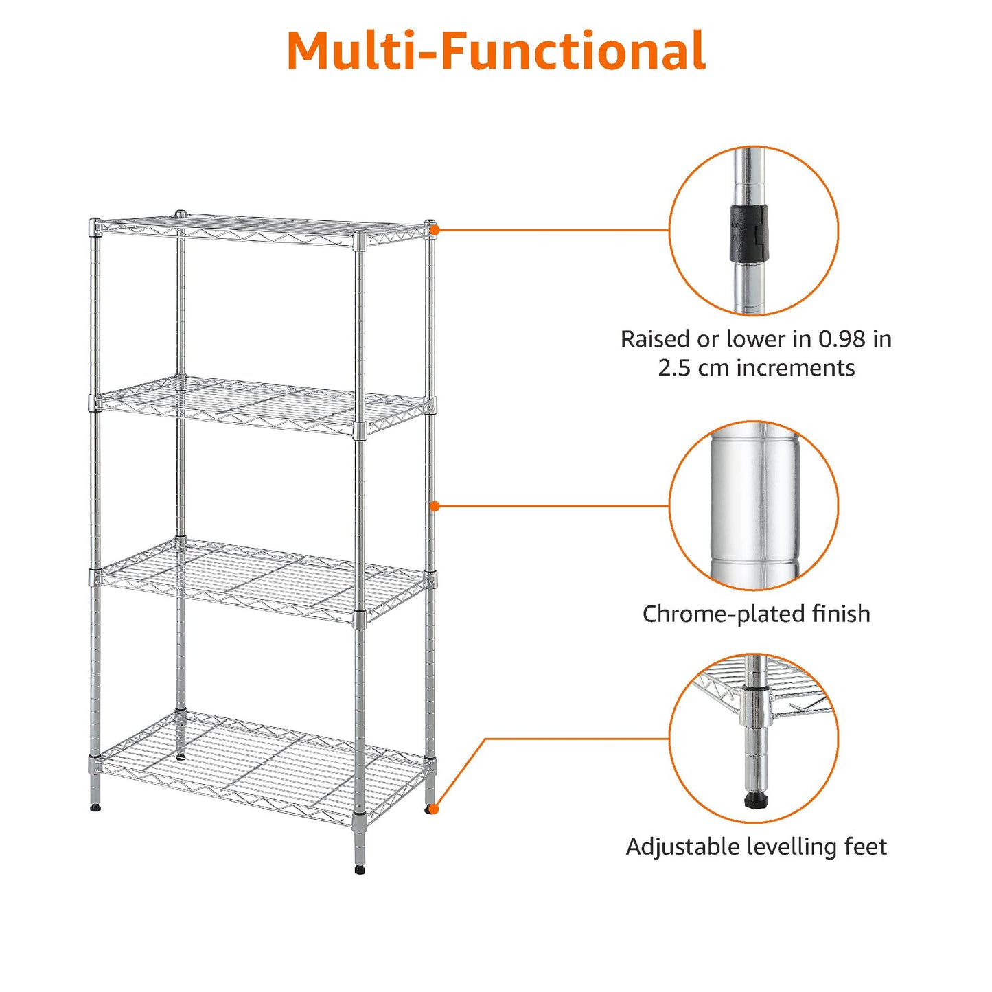Amazon Basics 4-Shelf Adjustable, Storage Shelving Unit, (200 Pound Loading Capacity per Shelf), Steel Organizer Wire Rack, 13.4"D x 23.2"W x 48"H, Chrome