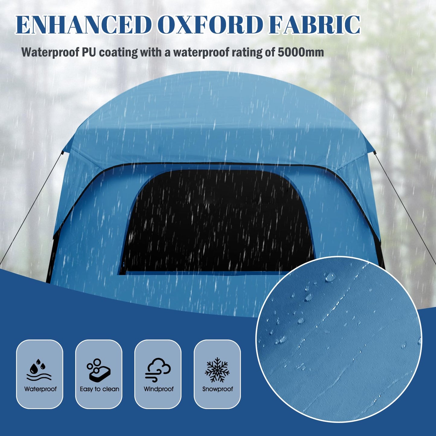Qualencey SUV Tent, Dual Mode (Party & Privacy), Heavy-Duty Oxford Fabric, Sturdy Metal Frame, Quick Connect Setup for SUV/Jeep/Truck with Cap, All-Season Waterproof Camping Shelter (Blue)