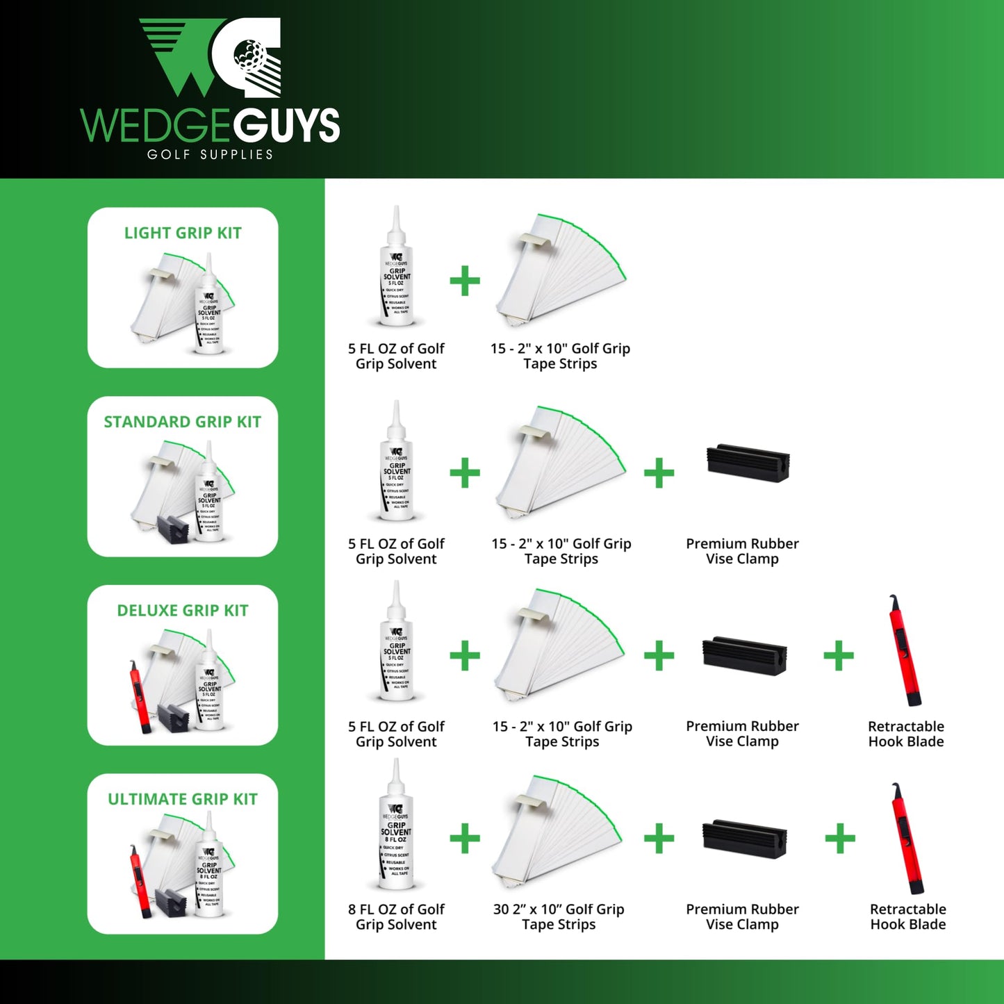 Wedge Guys Golf Grip Kits for Regripping Golf Clubs - Professional Quality - Options Include Hook Blade, 15 or 30 Golf Grip Tape Strips, 5 or 8 oz Golf Grip Solvent & Rubber Vise Clamp