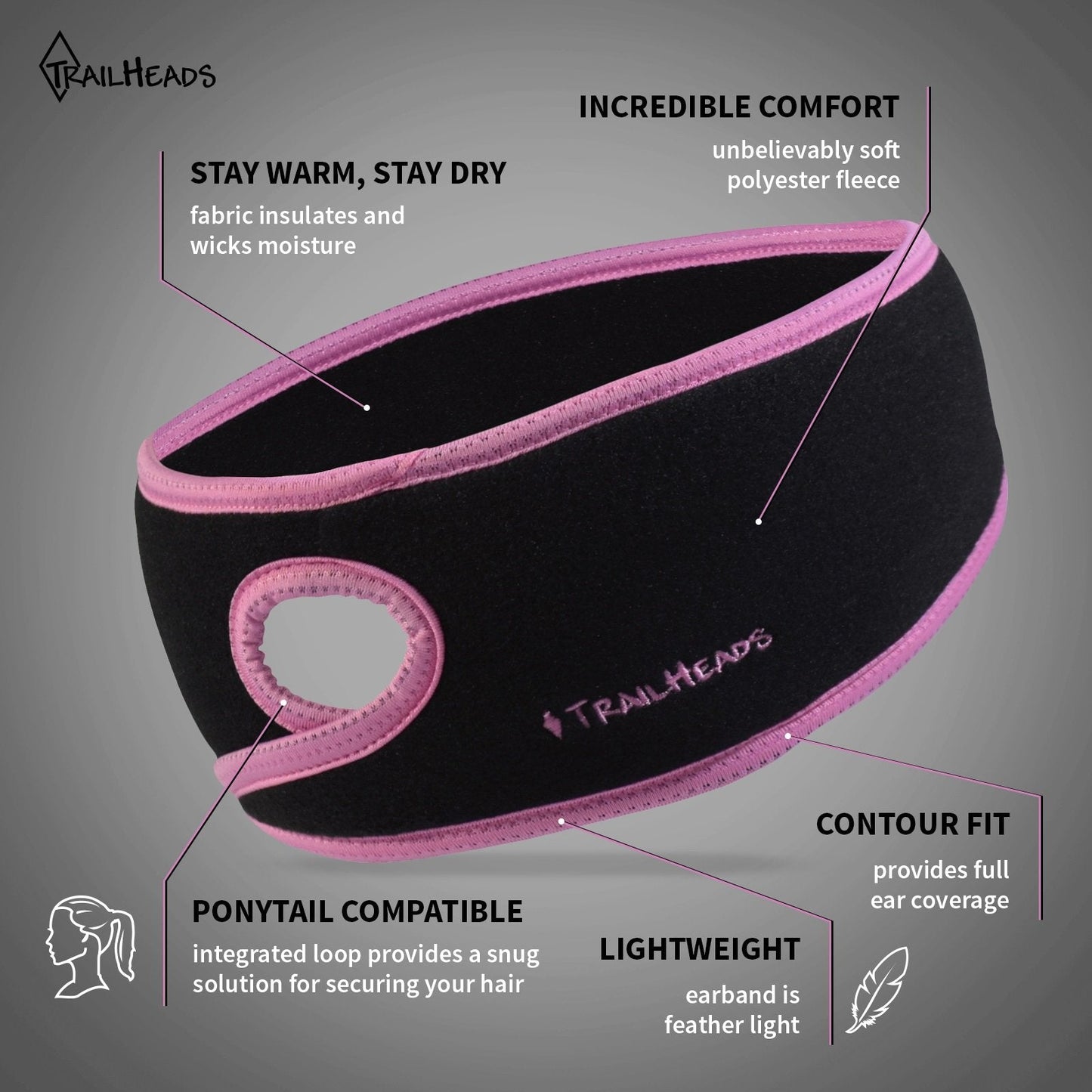 TrailHeads Women’s Ponytail Headband | Fleece Earband | Winter Running Headband - Black/Fast Pink