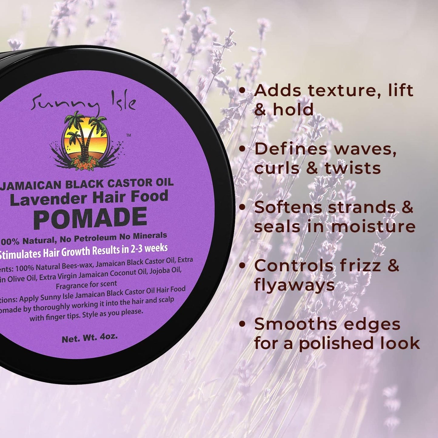 Sunny Isle Jamaican Black Castor Oil Lavender Hair Food Pomade, 4 oz | For Dry Scalp, Hair Breakage, Split Ends, Frizz Control & Dandruff